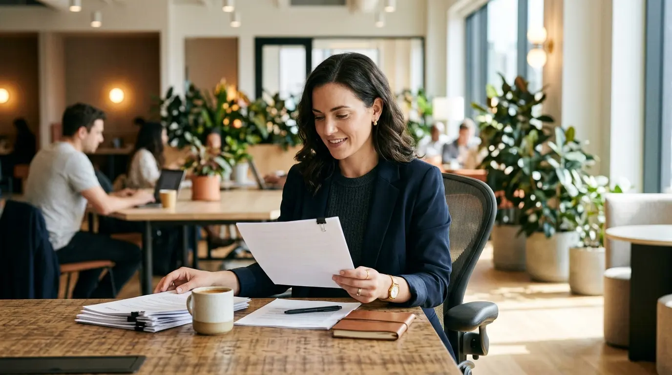 Confident business owner reviewing financial documents at their desk